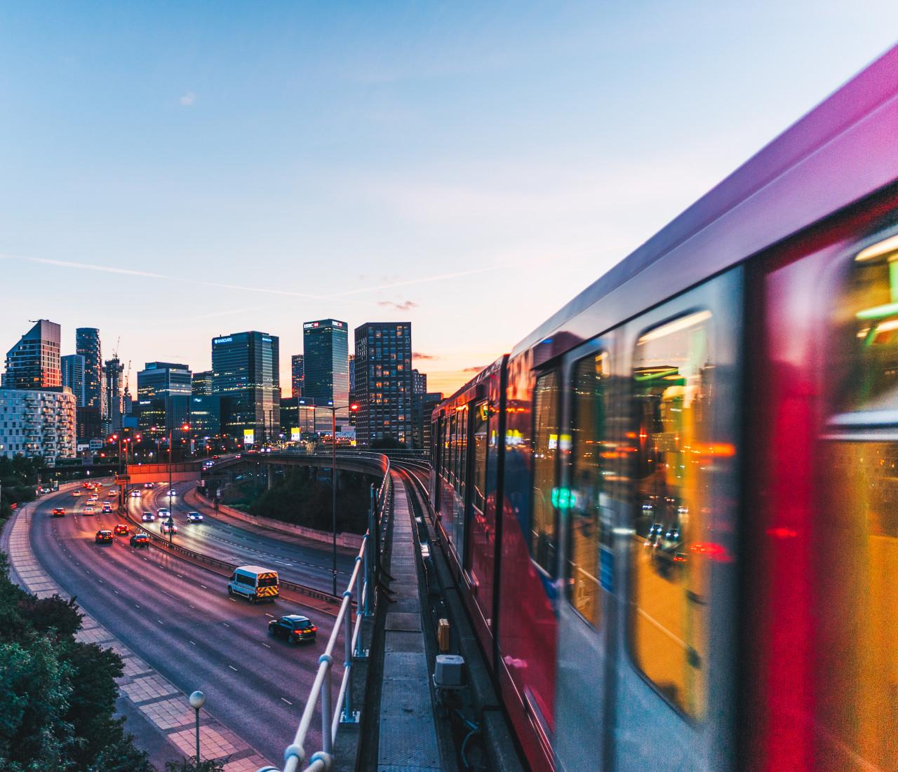 Commuter train going into a city