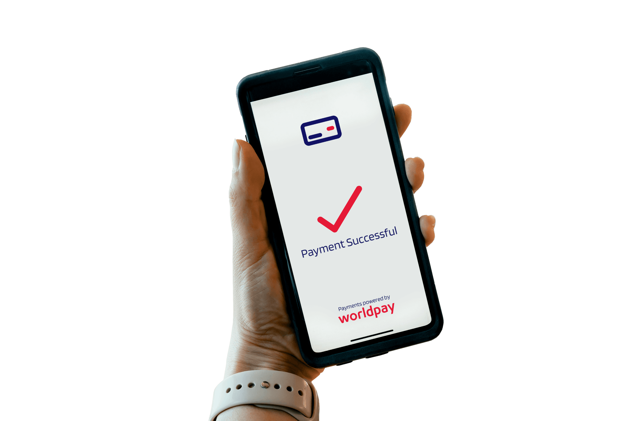 Cell phone with red checkmark and Worldpay displayed in screen