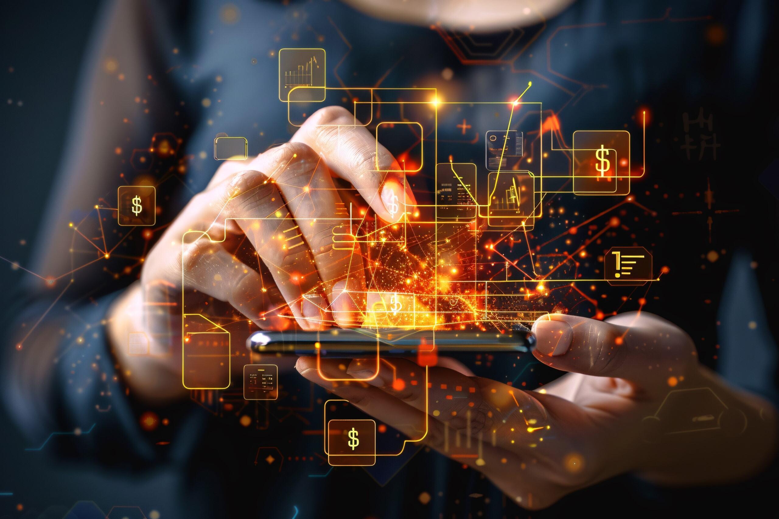 Person holding a mobile phone with orange security looking graphics floating above it